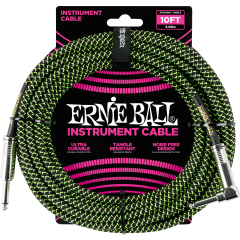 Ernie Ball Cables instrument gaine tissée jack/jack coudé 3m noir/vert - Vue 1